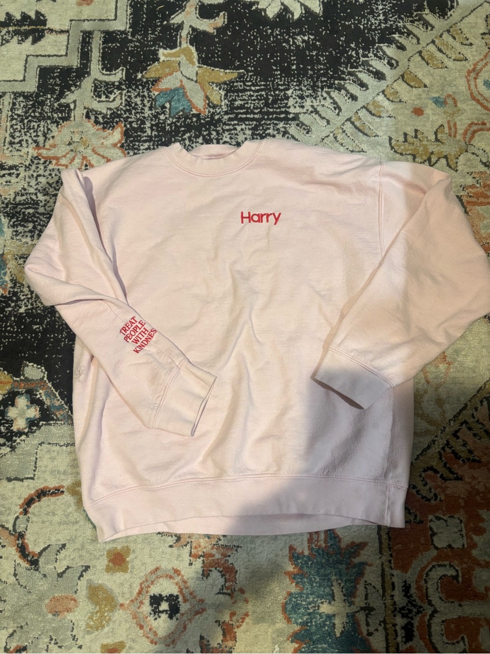 Light Pink Crewneck Sweater with Red 'Harry' Embroidery